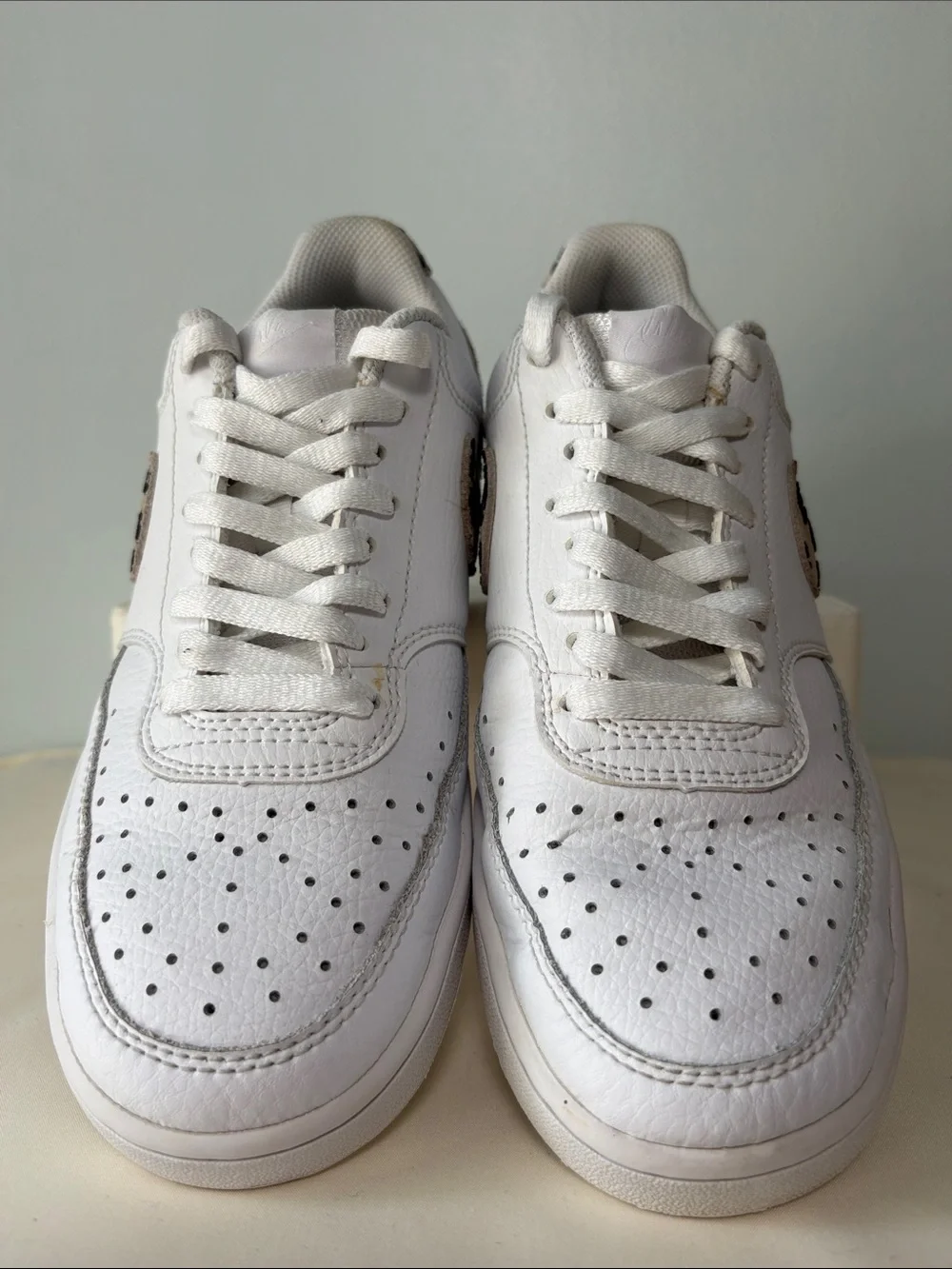 Nike Women's Court Vision Low White Sneakers with Leopard Swoosh